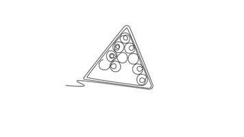 själv teckning animering av enda linje dra kuggstång av biljard bollar och en kö pinne, symboliserar strategisk Start och redo förväntan av ny spel av slå samman. kontinuerlig linje dra. full längd animerad video