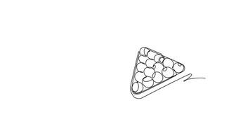 animado yo dibujo de continuo línea dibujar estante de de billar pelotas y un señal palo, simbolizando el estratégico comienzo y listo anticipación de un nuevo juego de piscina. lleno longitud soltero línea animación video