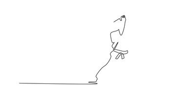 Animated self drawing of continuous line draw man in low stance holds a sword high overhead, poised for powerful strike, focus and grounded power of Aikido weapon form. Full length one line animation video