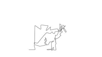 Animated self drawing of continuous line draw young male climbing a cliff in challenging pose, representing concentration and courage required to conquer a rock wall. Full length single line animation video
