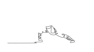 själv teckning animering av enda linje dra ung manlig shaolin i låg, kraftfull hållning, svängande personal i defensiv utgör, fångande disciplinerad använda sig av av vapen. kontinuerlig linje dra. full längd animerad video