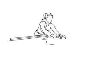 själv teckning animering av enda linje dra ung kvinna noggrant ställning biljard bollar på en slå samman tabell. strategisk Start och redo förväntan av ny spel. kontinuerlig linje. full längd animerad video