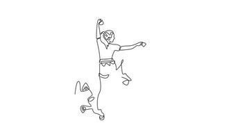 Self drawing animation of single line draw back view of female climbing a cliff in challenging pose, representing courage required to conquer the rock wall. Continuous line draw. Full length animated video