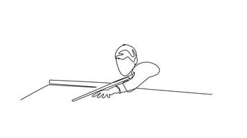 animerad själv teckning av kontinuerlig linje dra aktiva man spelar biljard i låg, fokuserade hållning, siktar skott på slå samman tabell. precision, skicklighet, koncentration av spel. full längd enda linje animering video