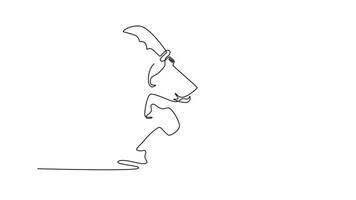 animerad själv teckning av kontinuerlig linje dra man är i dynamisk, framåtriktat hållning, innehav guan dao över hans axel, vätska rörelse och kraft av shaolin kung fu. full längd enda linje animering video