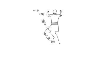 Self drawing animation of single line draw back view of man climbing a cliff, representing physical power and focused effort required to conquer rock wall. Continuous line draw. Full length animated video