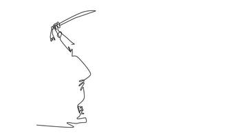 Animated self drawing continuous line draw young man in one-legged stance, balancing gracefully while holding sword overhead, movement, skill of Shaolin Kung Fu master. Full length one line animation video