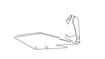 animerad själv teckning av kontinuerlig linje dra aktiva manlig slå samman idrottare siktar en kö pinne, representerar redo koncentration och teknisk skicklighet av en biljard spelare. full längd enda linje animering video