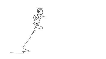 Self drawing animation of single line draw man in traditional uniform in low stance, delivering focused punch, disciplined power and readiness of aikido posture. Continuous line. Full length animated video