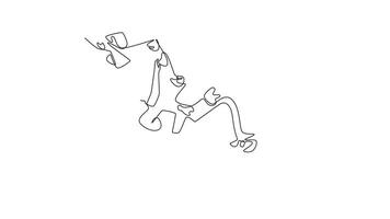 animado yo dibujo de continuo línea dibujar mujer alpinismo un sobresaliendo acantilado en un desafiante, invertido pose, representando concentración a conquistar un rock pared. lleno longitud soltero línea animación video