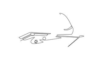geanimeerd zelf tekening van doorlopend lijn trek aantrekkelijk Mens atleet leunend over- een biljart tafel, voering omhoog een schot met gefocust bedoeling, benadrukkend zijn voorzichtig vaardigheid. vol lengte een lijn animatie video