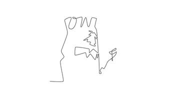 själv teckning animering av enda linje dra sida se av ung mod man klättrande en klippig klippa. äventyr, styrka, bestämning, och spänning av uppstigning. kontinuerlig linje dra. full längd animerad video