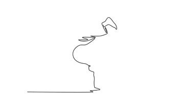 själv teckning animering av enda linje dra man demonstrera otrolig styrka och balans medan utför utmanande, en-handad stå på händer, flytta av capoeira. kontinuerlig linje. full längd animerad video