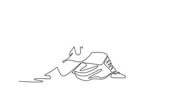 animerad själv teckning kontinuerlig linje dra ung man i kraftfull häst hållning, svängande två lång svärd, balans dynamisk bekämpa traditionell shaolin kung fu vapen form. full längd ett linje animering video