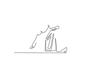 Animated self drawing of continuous line draw dynamic Aikido throw, with one male figure controlling his partner's momentum and unbalancing with a precise maneuver form. Full length one line animation video