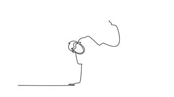 Self drawing animation of single line draw attractive male performing in a complex Capoeira pose, balancing on one arm with both legs suspended in the air. Continuous line draw. Full length animated video