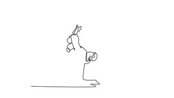Animated self drawing of continuous line draw dynamic Aikido throw, with one male figure lifting his partner completely off ground, over his hip, power and technique. Full length single line animation video