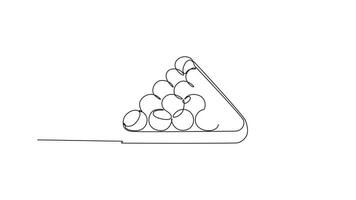 själv teckning animering av enda linje dra full kuggstång av biljard bollar ikon, symboliserar de strategisk Start och redo förväntan av en ny spel av slå samman. kontinuerlig linje dra. full längd animerad video