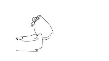 animado yo dibujo de continuo línea dibujar dos personas en dinámica capoeira camaradería, con uno en bajo postura, el otro en alto puente pose, fluidez de marcial Arte. lleno longitud uno línea animación video