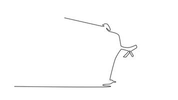 se stesso disegno animazione di singolo linea disegnare qualificato uomo nel Basso posizione detiene lungo personale esteso nel potente inoltrare spinta, messa a fuoco e forza aikido arma modulo. continuo linea. pieno lunghezza animato video