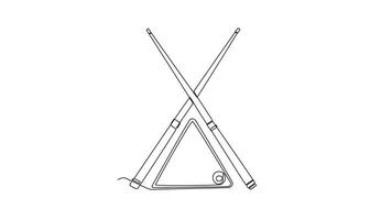 Self drawing animation of single line draw rack of billiard balls and two cue sticks, symbolizing start position and poised strategic of new games of pool. Continuous line draw. Full length animated video