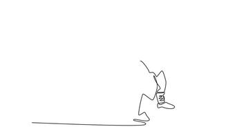 själv teckning animering av enda linje dra manlig i en dynamisk, balanserad hållning, redo för bekämpa med ett ben Uppfostrad, fokus och rörlighet av shaolin krigisk konstnär. kontinuerlig linje. full längd animerad video