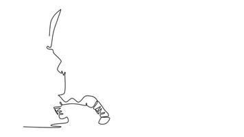 animado auto desenhando contínuo linha desenhar jovem atraente homem dentro poderoso cavalo posição, empunhando dois espadas largas, dinâmico combate do tradicional shaolin kung fu arma. cheio comprimento 1 linha animação video