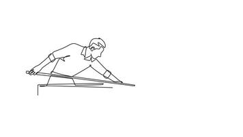 animerad själv teckning av kontinuerlig linje dra aktiva manlig slå samman idrottare siktar kö pinne, representerar de redo koncentration och teknisk skicklighet av biljard spelare. full längd enda linje animering video