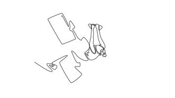 själv teckning animering av enda linje dra kvinna klättrande utskjutande klippa i utmanande, omvänd utgör, representerar mod nödvändig till erövra en sten vägg. kontinuerlig linje. full längd animerad video