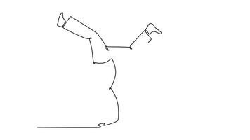 animato se stesso disegno di continuo linea disegnare Due figure nel dinamico danza capoeira collaborazione, con uno nel un rovesciato handstand e il altro nel basso, grazioso accovacciarsi. pieno lunghezza uno linea animazione video