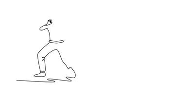 Animated self drawing of continuous line draw two figures engaged in the jinga, the foundational motion of Capoeira, showcasing their readiness to move and interaction. Full length one line animation video