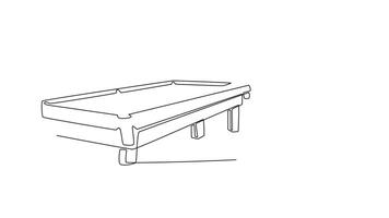 animerad själv teckning av kontinuerlig linje dra ung man biljard idrottare i låg, fokuserade hållning, siktar skott på slå samman tabell. precision, strategi, koncentration av spel. full längd ett linje animering video