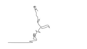 själv teckning animering av enda linje dra man i kraftfull, låg hållning, med ett ärm Uppfostrad i strejk eller blockera, styrka och disciplinerad form av shaolin kung fu. kontinuerlig linje. full längd animerad video