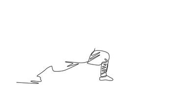 animerad själv teckning av kontinuerlig linje dra manlig idrottare i kraftfull stabil hållning, händer i defensiv placera. disciplin, fokus, vätska rörelse av shaolin rutin. full längd enda linje animering video