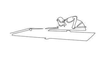 själv teckning animering av enda linje dra kvinna i en låg, fokuserade hållning, siktar en skott på slå samman tabell. precision, strategi, och koncentration av de spel. kontinuerlig linje dra. full längd animerad video