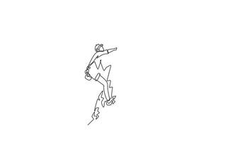 Animated self drawing of continuous line draw male climber in a challenging pose, representing the focused concentration and courage required to conquer a rock wall. Full length single line animation video