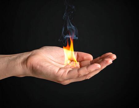 Burning emotions shown by small fire flame on open palm against dark background photo