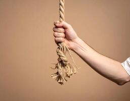 Mans hand holds a knotted rope against a neutral, suggests feelings of despair or desperation. photo