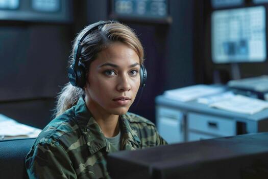 Portrait of female officer in green camouflage working in army central control and monitoring office for the management, technology and army communications. photo