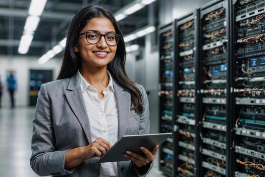 Professional Indian IT specialist woman in a grey jacket and white shirt is holding a tablet in front of a row of computer servers in server room or data center photo