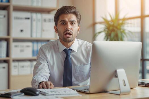 Portrait of stressed office worker in shock from a mistake working in a modern office. Lots of work and overtime photo