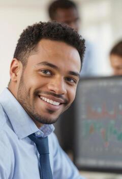 Businessman against white screen background with desktop computer charts in office photo