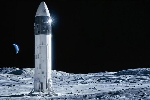 The image shows a space shuttle on the moon, with the Earth visible in the background photo