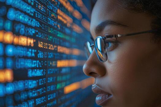 Afro programmer woman wearing glasses is looking at a computer screen with a lot of numbers on it. Concept of techno photo