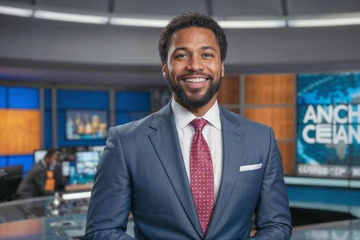 Anchorman reporting tv live news evening program. photo