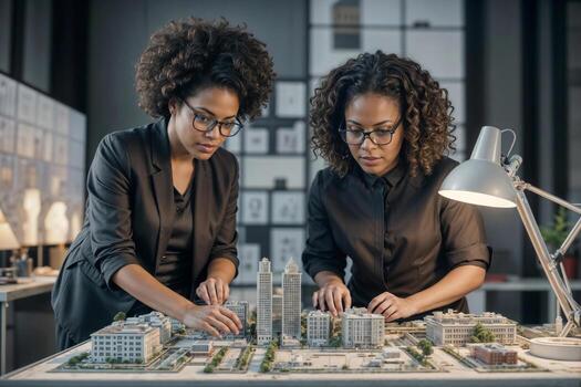 Portrait of two African American women professional engineers architect in a creative architectural bureau are working on a model of an urban area. Concept of urban architecture design photo