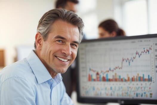 Happy senior businessman against white screen background with desktop computer charts in office photo