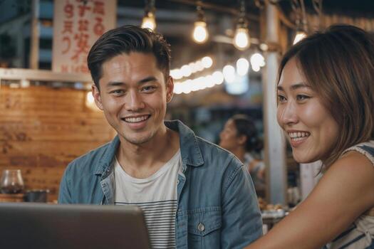 Beautiful Asian couple using a laptop is smiling at a table in a street night restaurant. They are watching a or an online broadcast. They are happy and smiling photo