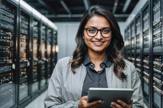A woman wearing glasses and a gray jacket is holding a tablet in server room or data center. She is smiling and she is happy and looking at camera photo