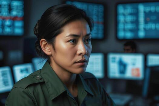 Female officer in green camouflage working in army central control and monitoring office for the management, technology and army communications photo
